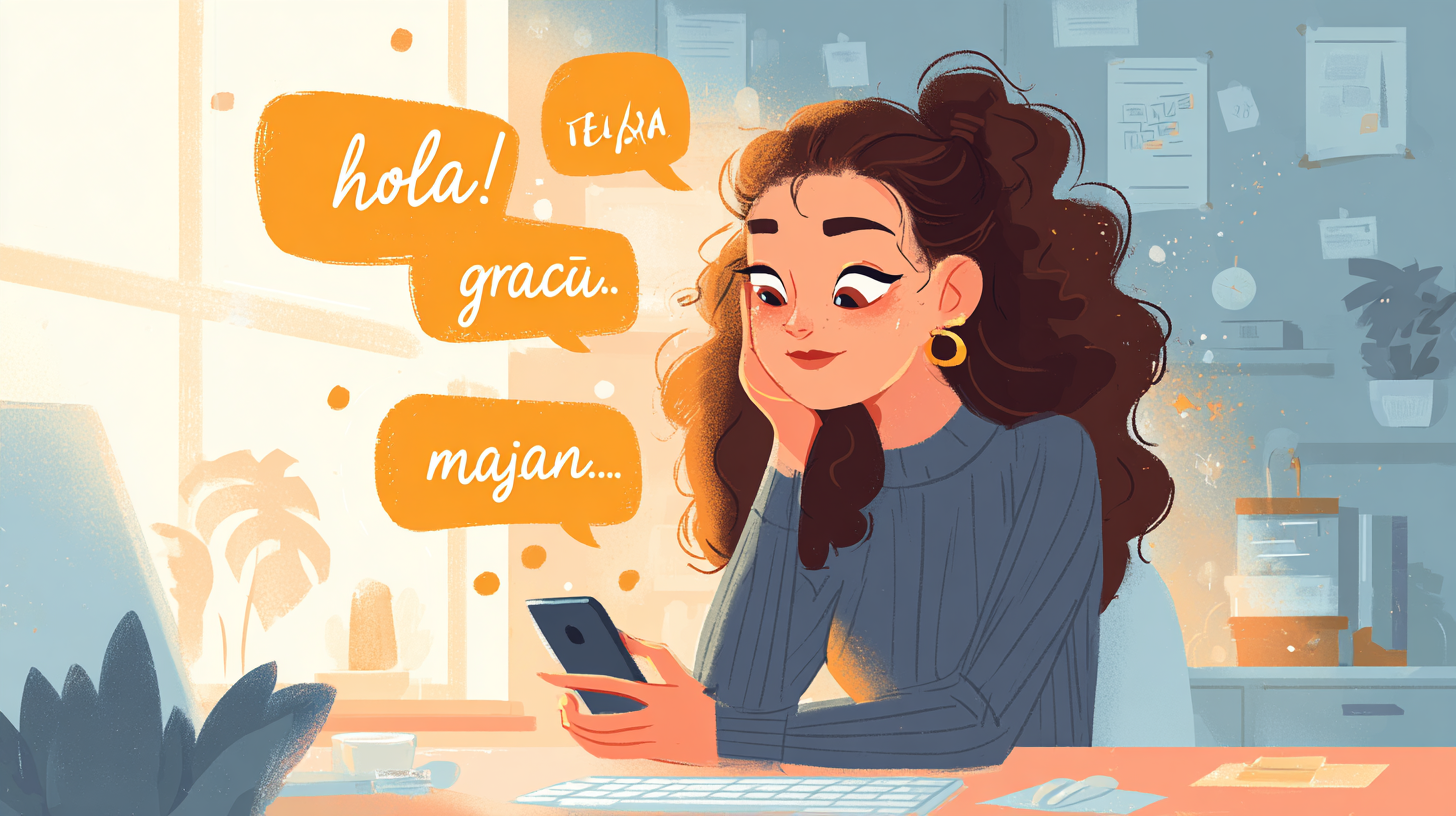 A woman learning Spanish on her phone with speech bubbles showing words like hola, gracias, and manana