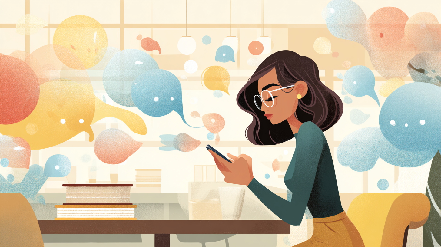 Illustration of a woman learning through mobile typing with colorful language bubbles