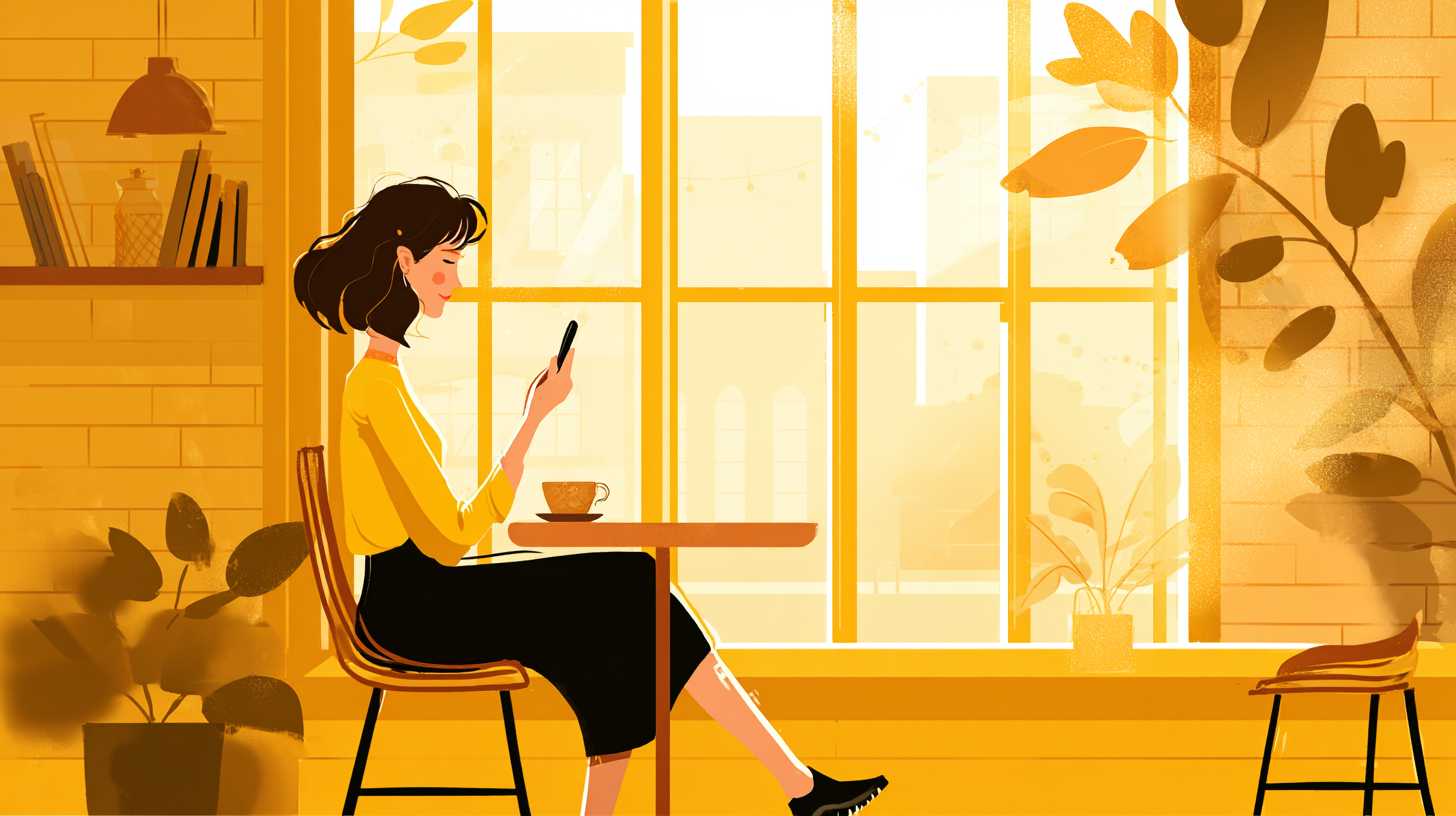 Jamie using her phone in a warm cafe while learning Spanish naturally