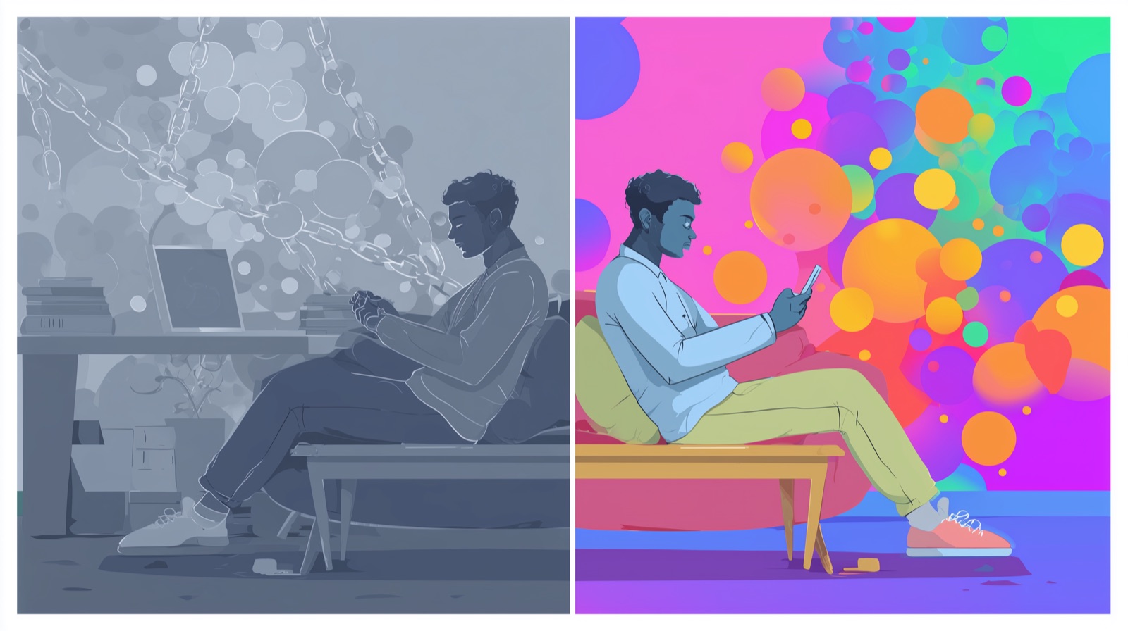 Side-by-side contrast of stressful app study and low-friction keyboard learning